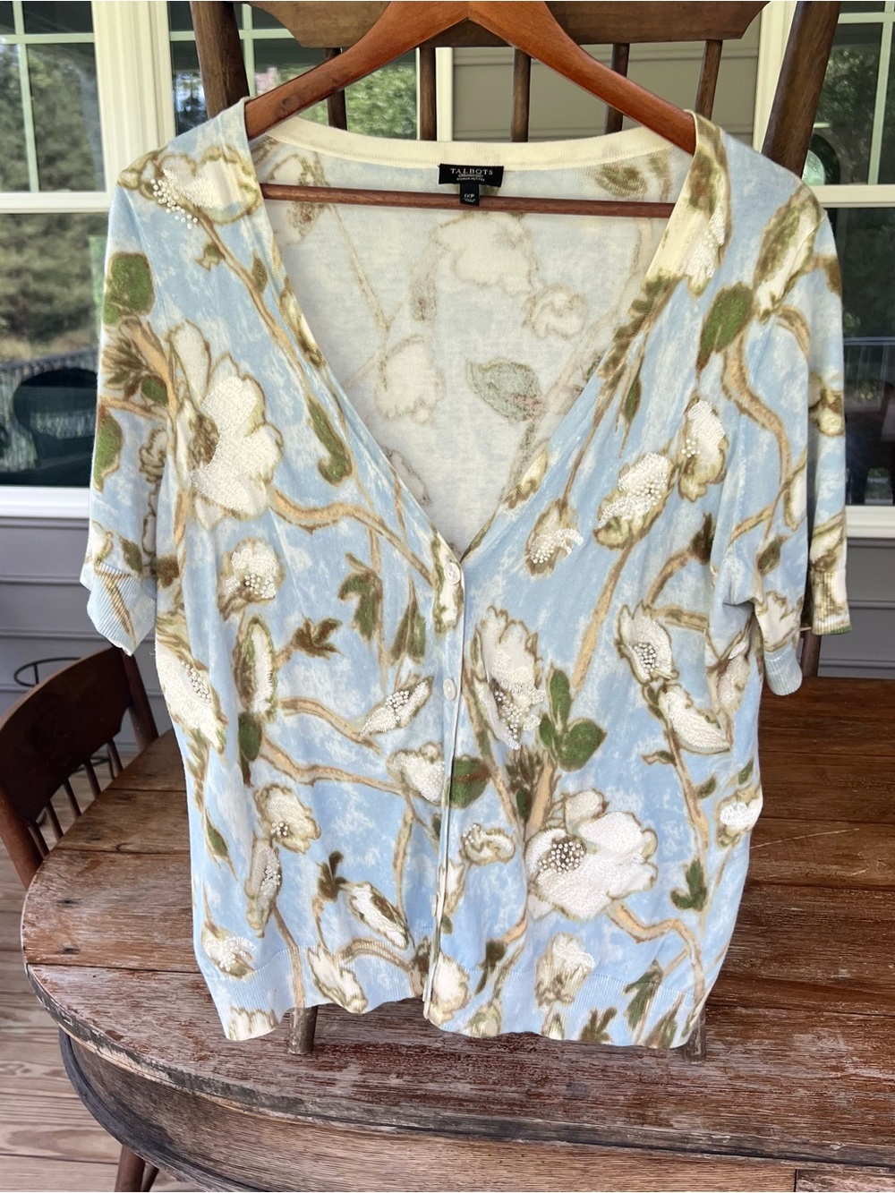 Talbots Petites 1XP Floral Beaded Cardigan Sweater Light Blue Short Sleeve VNeck